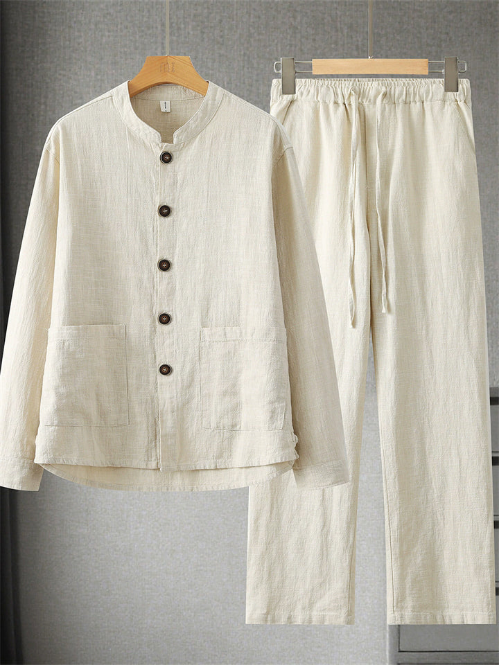 Men's 2Pcs Comfy Autumn Cotton Linen Solid Color TangSuit Outfit