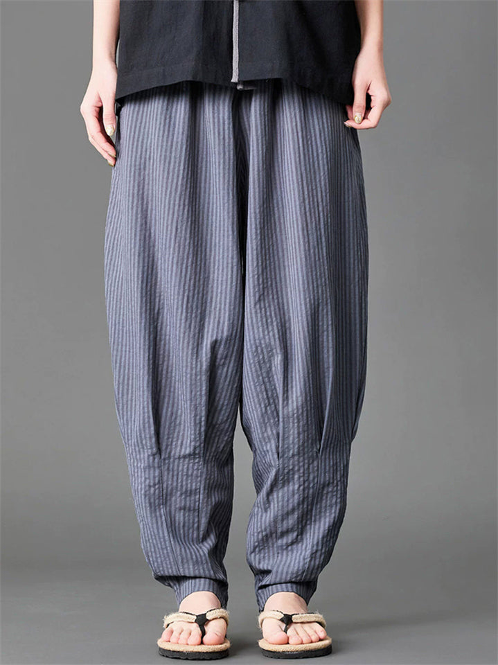 Mens Summer Striped Harem Pants Loose Baggy Cotton Linen Trousers