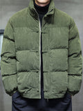 Winter Warm Corduroy Stand Collar Frog Button Puffer Coat for Men