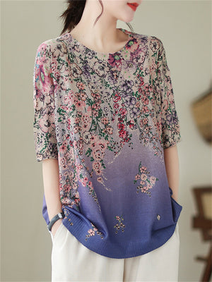 Women's Summer Round Neck Flower Short Sleeve Knit Shirt