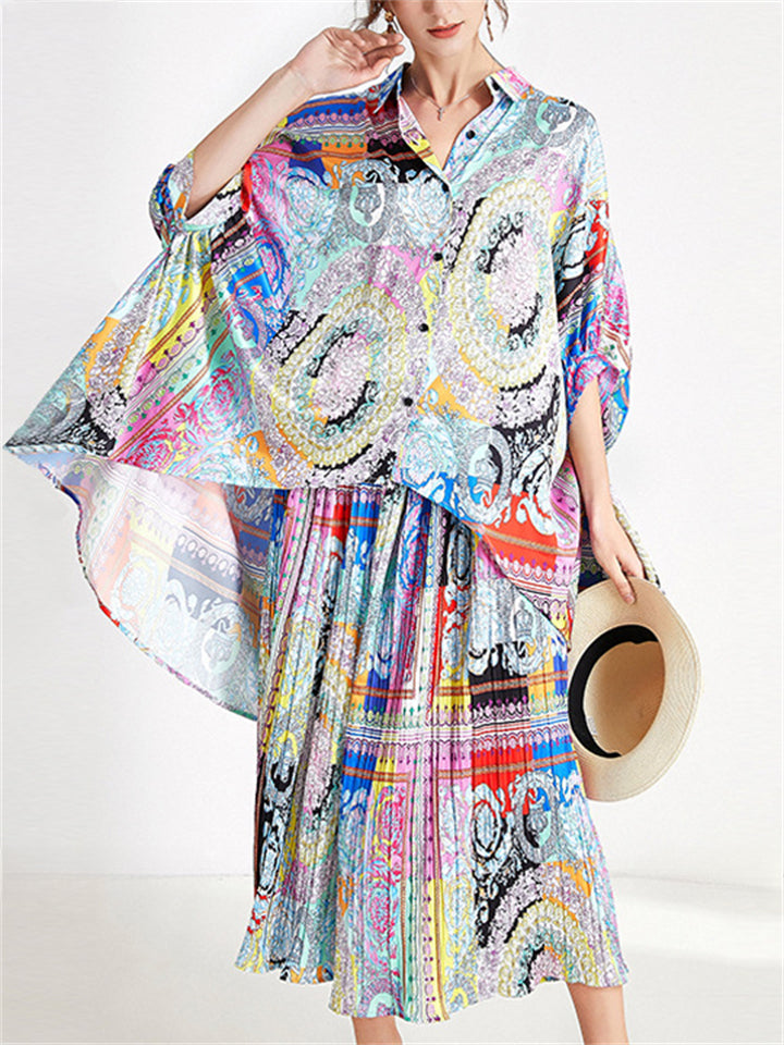 Women's 2Pcs Summer Flowers Print Lapel Satin Top & Pants