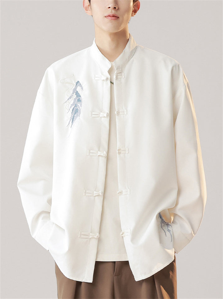 Oriental Style Men's Stand Collar Embroidered Long Sleeve Shirts