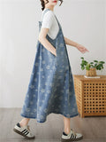 Women's Casual Blue Printed Sleeveless Strappy A-Line Demin Dress