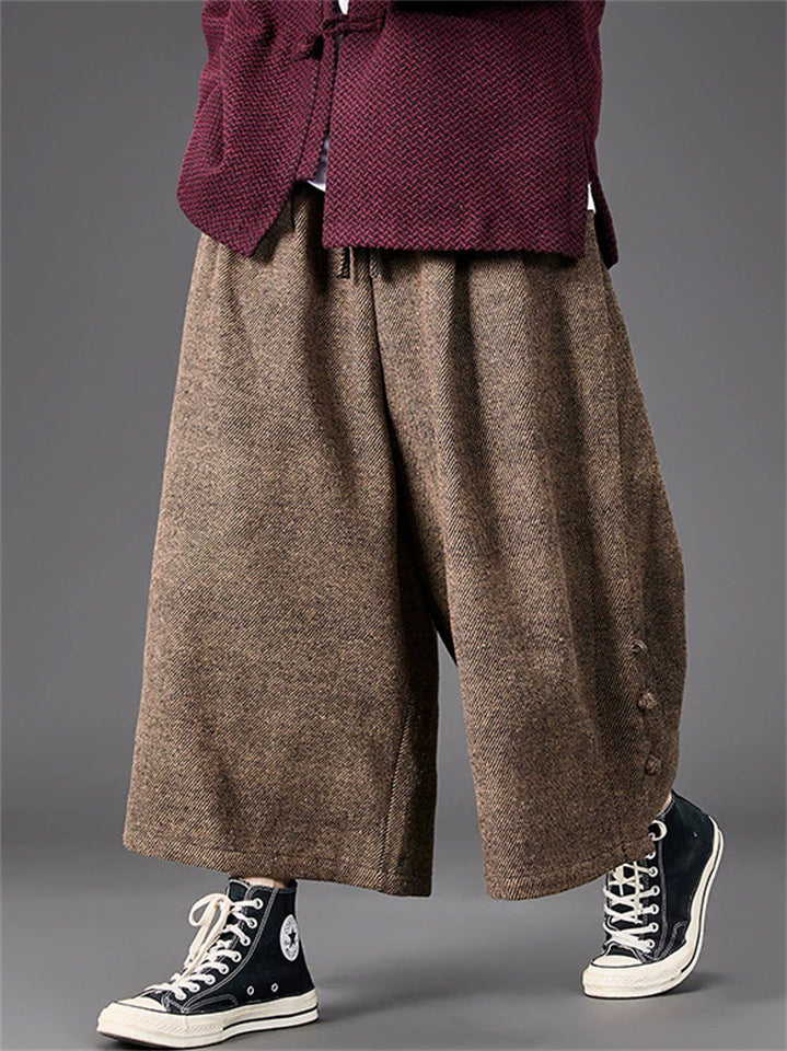 Men's Autumn Solid Color Drawstring Wide Leg Pants with Buttons Decor