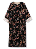 Chinese Style 3/4 Sleeve Retro Jacquard Beads Split Dress for Women