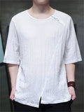 Men's Chinese Style Solid Color Asymmetric Hem Short Sleeve Shirts