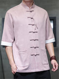 Men's Faux Suede Chinese Kung Fu Short Sleeve Frog Button Shirts