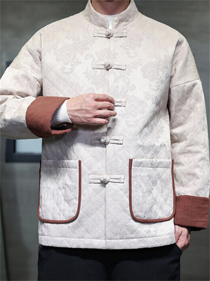 Mens Chinese Style Contrast Trim Jacquard Brocade Tang Suit Warm Coats