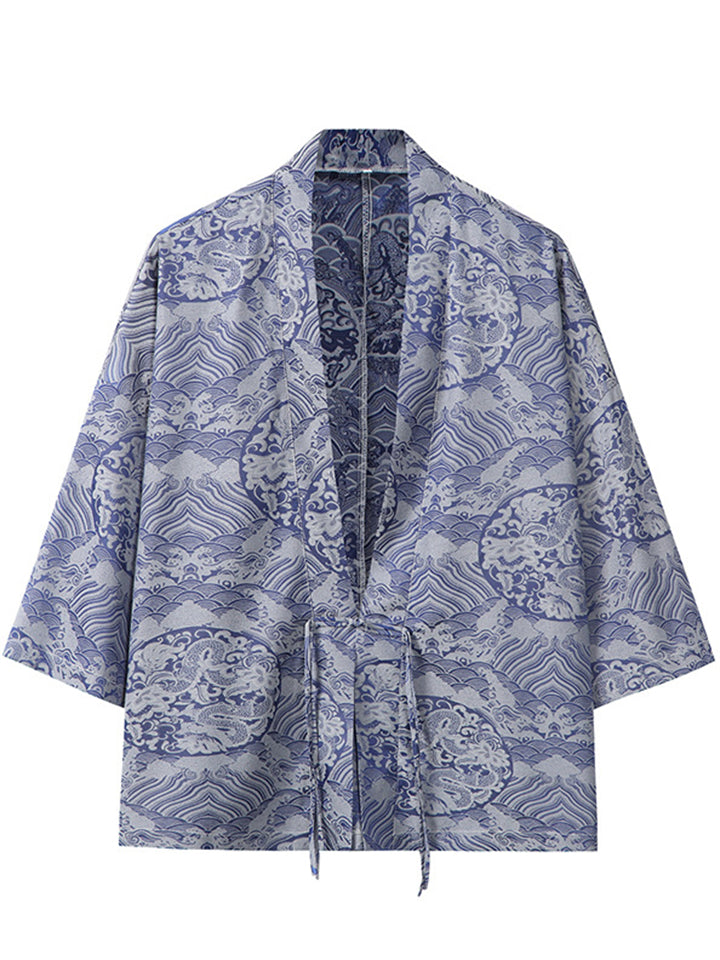 Men's Chinese Style Loong Jacquard Zen Style Half Sleeve Cardigan