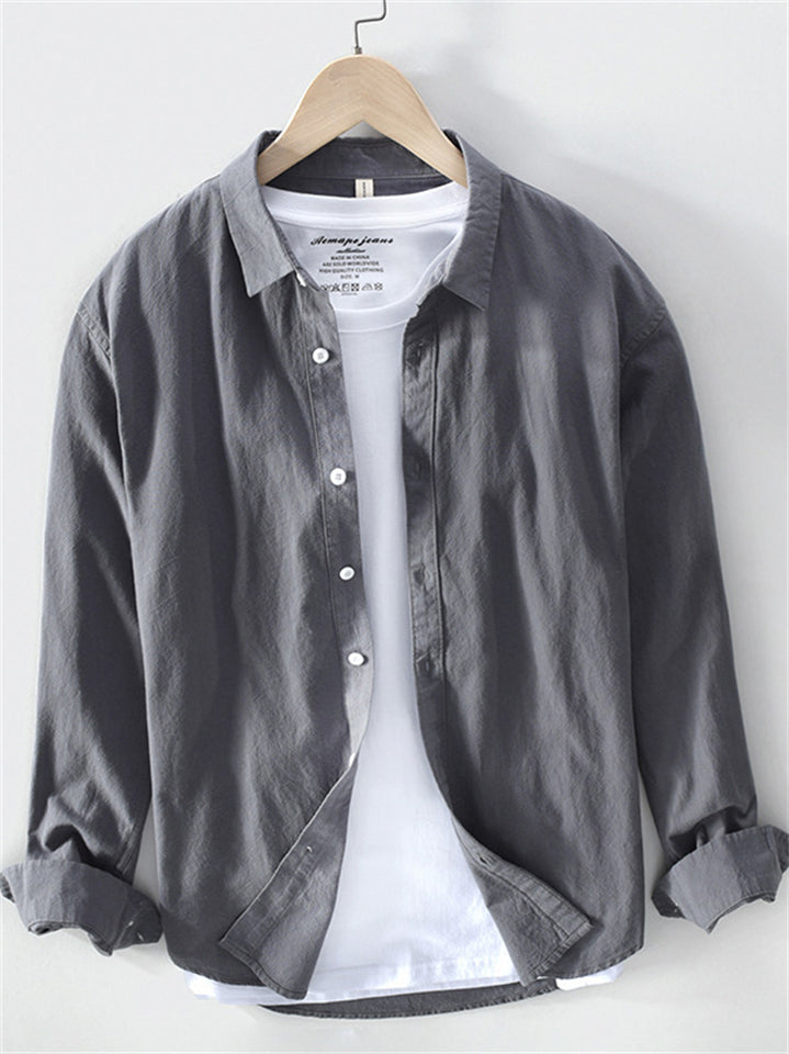 Simple Solid Color Casual Men's Long Sleeve Cotton Lapel Shirts