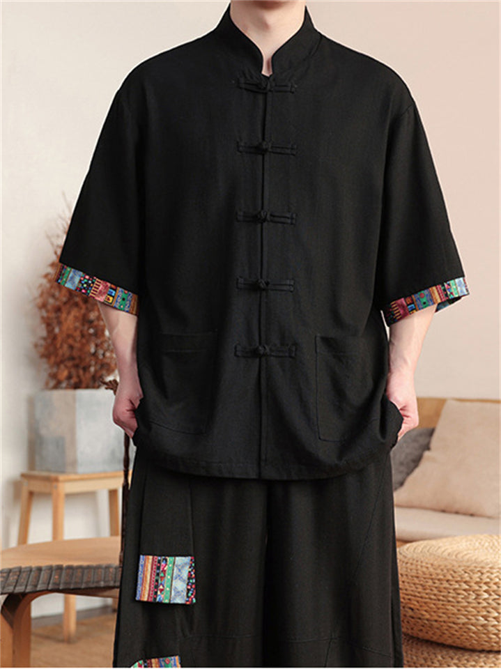 Chinese Ethnic Style Button Linen Tops and Wide Leg Pants Set for Men
