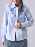 Women's French Style Embroidery Blue Stripe Shirts