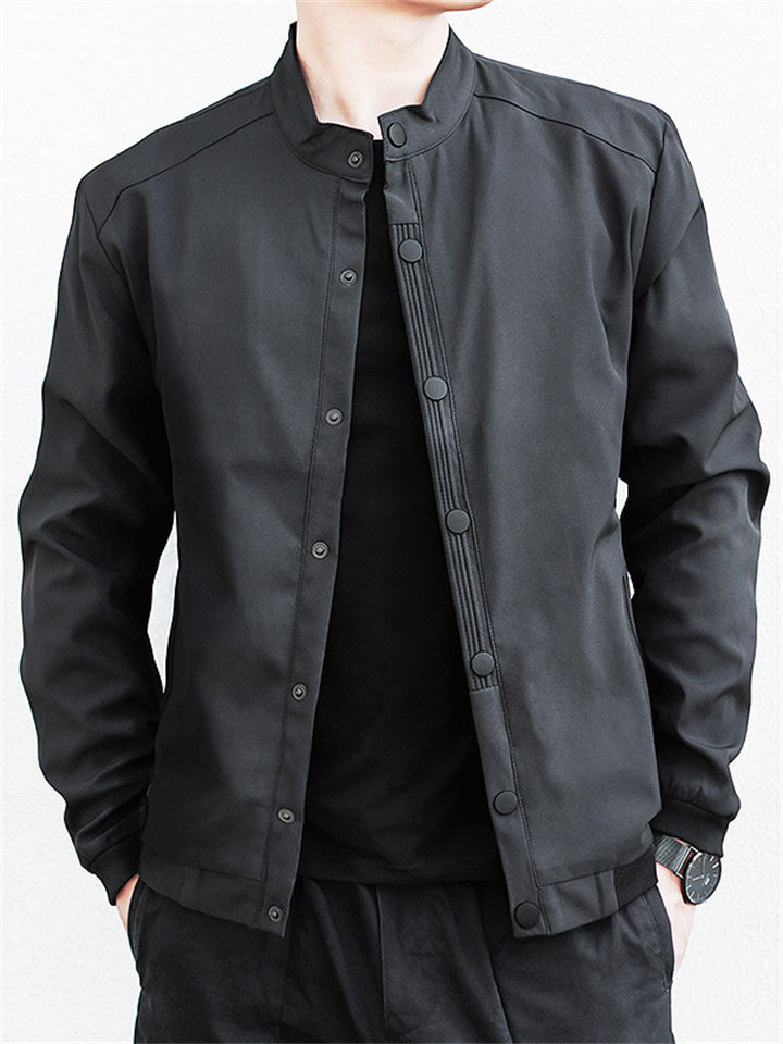 Men's Solid Color Stand Collar Waist Length Long Sleeve Jackets