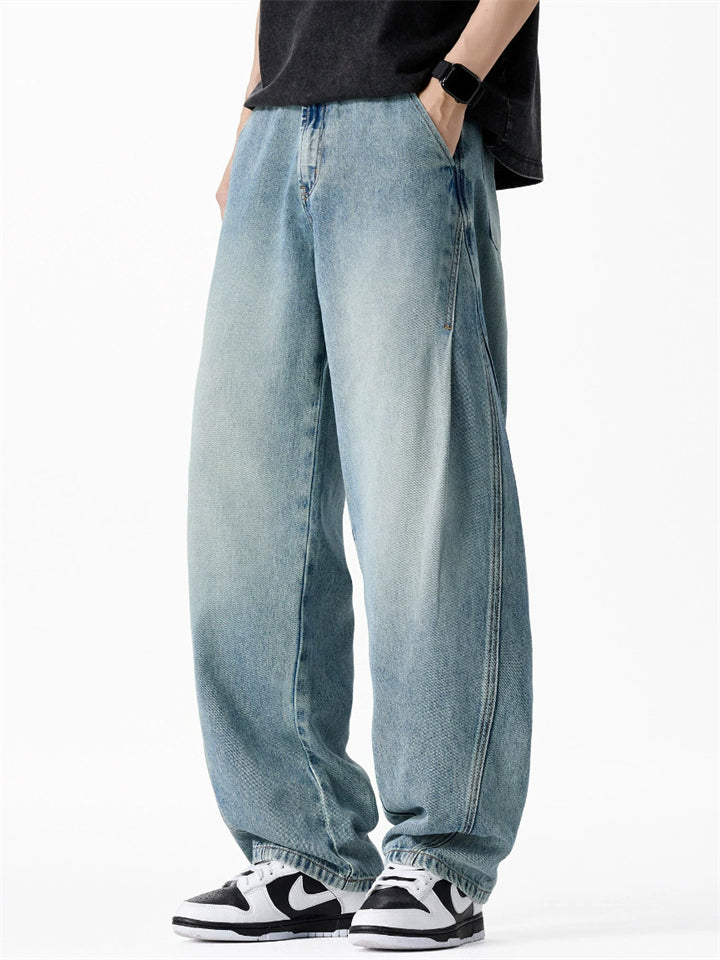 Men Summer Baggy Jeans Wash Elastic Waist Loose Curved Leg Denim Pants