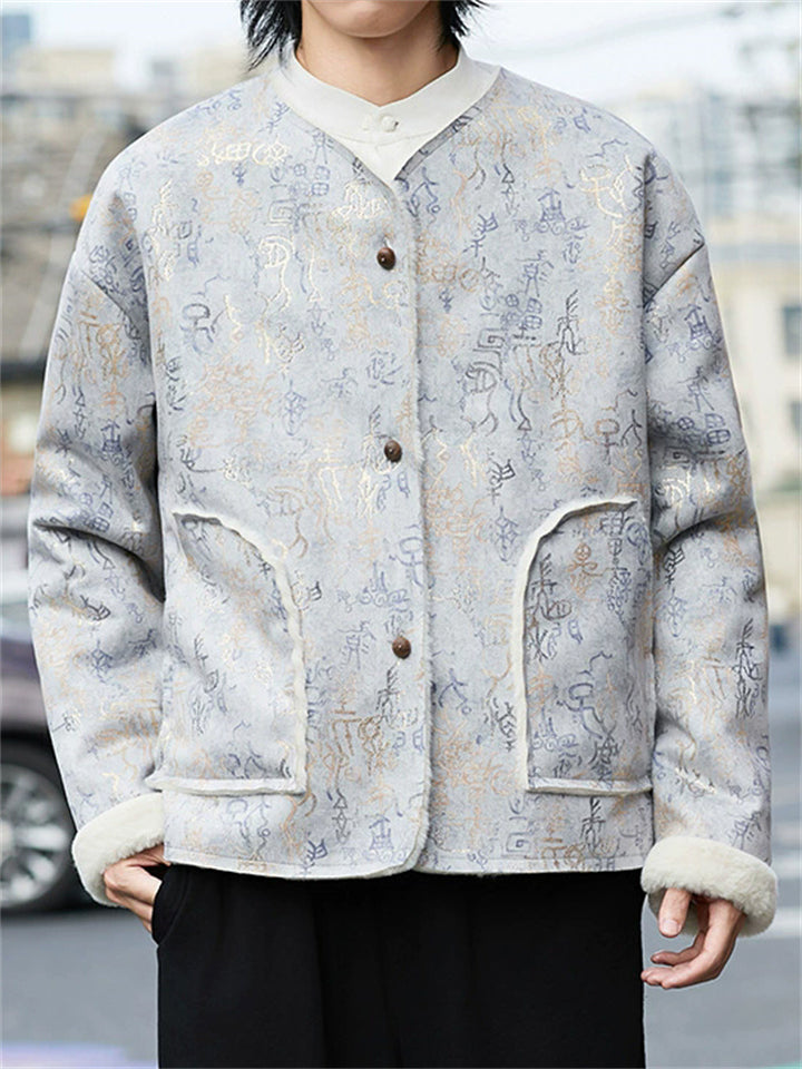 ‌Chinese Style Gray Printed Winter Coat with Faux Fur Trim for Men