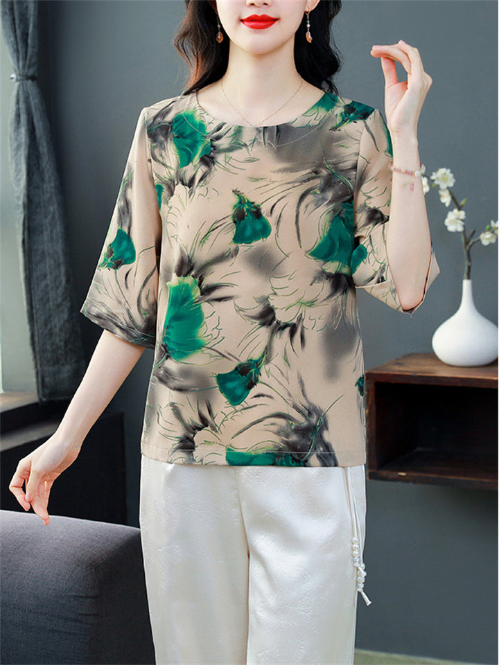 Female Elegant Summer Floral Print O-Neck Half Sleeve Shirt