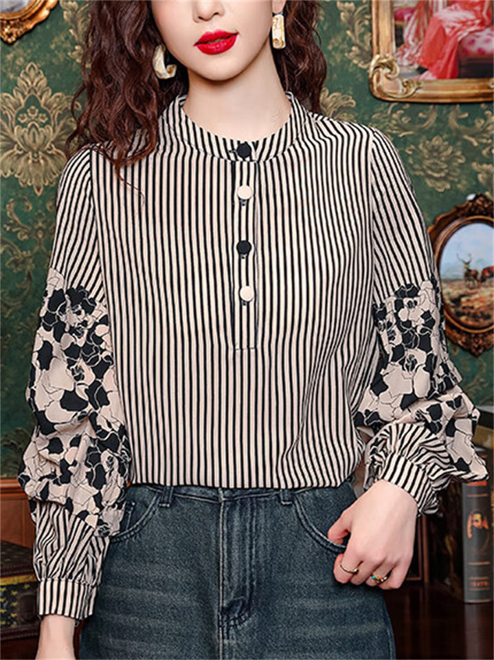 Women's O-Neck Black White Stripe Patchwork Long Sleeve Shirt