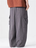Mens Summer Linen Blend Loose Wide Leg Cargo Pants with Pockets