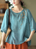 Summer Cotton Linen Embroidery Half Sleeve Shirt for Women
