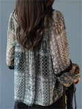 Women's Loose Black Print O-Neck Lace Trim Chiffon Shirt