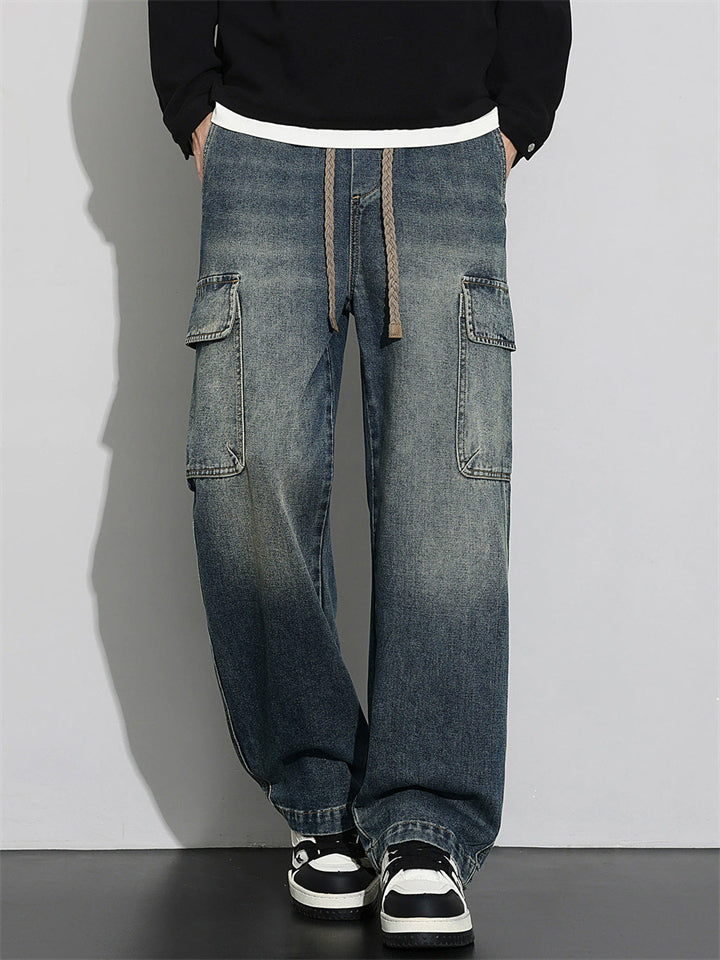 Men Wide Leg Cargo Jeans Vintage Washed Loose Fit Denim Pants