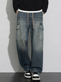 Men Wide Leg Cargo Jeans Vintage Washed Loose Fit Denim Pants