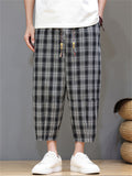 Men's Casual Drawstring Wide Leg Plaid Capri Pants