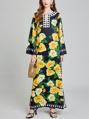 Women's Loose Flowers Print Side Split Maxi Dress