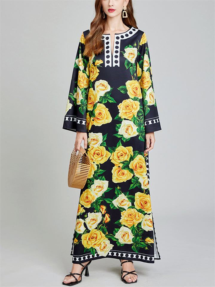 Women's Loose Flowers Print Side Split Maxi Dress