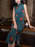 Lady Oriental Style Vintage Sleeveless Flower Print Split Cheongsam Dresses