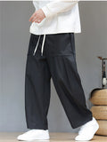 Men's Japanese Style Simple Pleated Drawstring Wide Leg Pants with Pockets