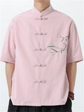 Men's Chinese Style Leaf Printed Stand Collar Short Sleeve Shirt