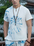 Men's Summer Blue Tie-dye V Neck Short Sleeve T Shirt