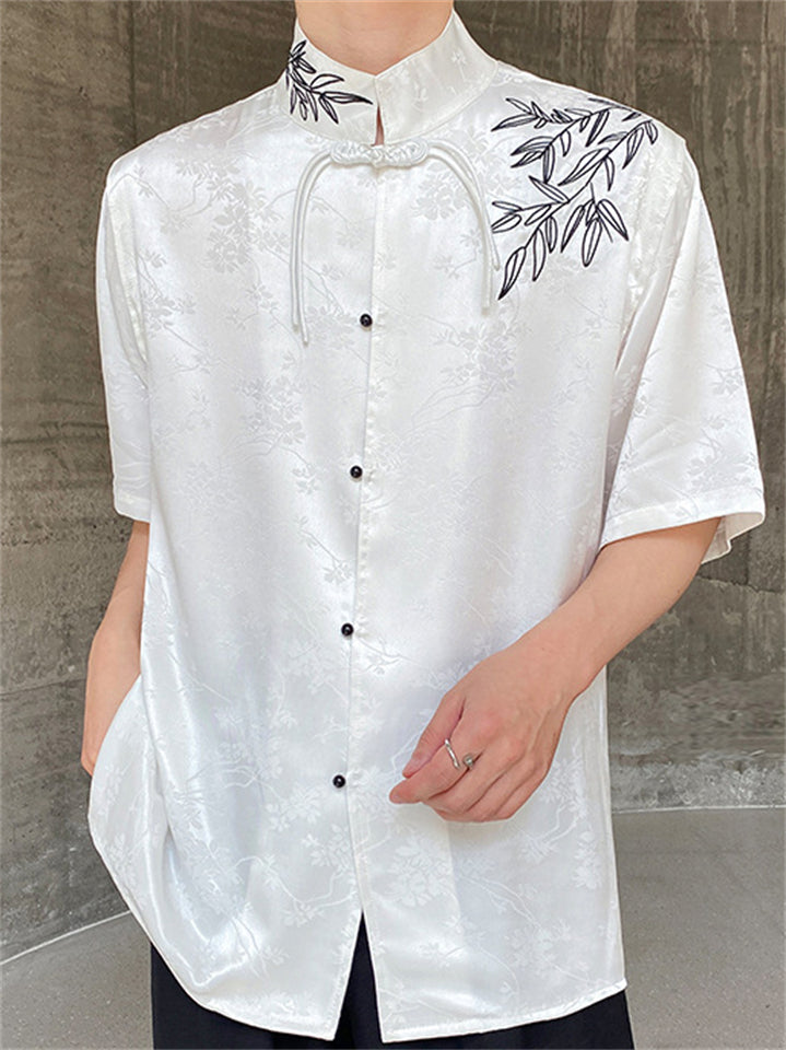 Chinese Style Summer Jacquard Stand Collar Shirt for Men