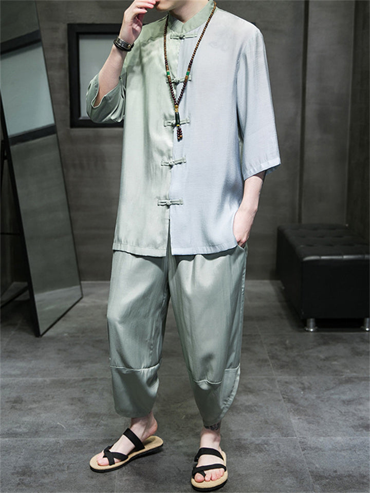 Men's 2Pcs Cool Contrast Color 3/4 Sleeve Stand Collar TangSuit Outfits