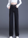 Women's High Waist Stripped Regular Fit Straight Leg Stretchy Jeans