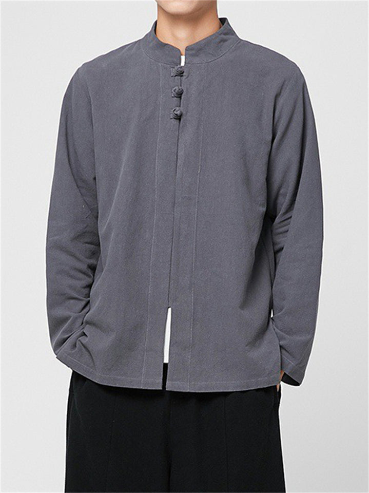 Men's Casual Chinese Style Button Stand Collar Long Sleeve Shirt