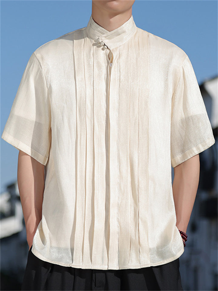 Men's Chinese Style Stand Collar Pleated Short Sleeve Shirts