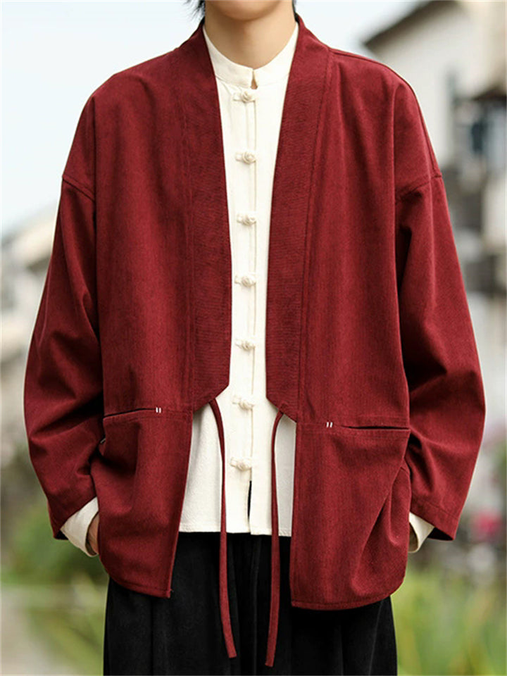 Men's Autumn Solid Color Corduroy Zen Style Lace Up Cardigan Jackets