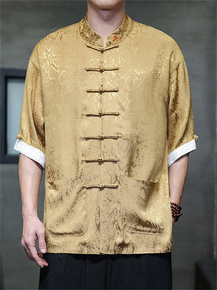 Men's Chinese Style Jacquard Short Sleeve Shirt with Stand Collar
