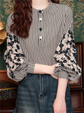 Women's O-Neck Black White Stripe Patchwork Long Sleeve Shirt