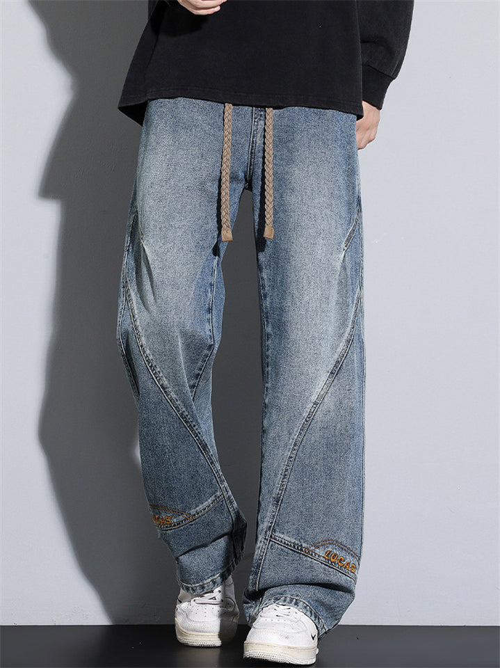 Men Wide Leg Drawstring Baggy Jeans Vintage Washed Streetwear Denim
