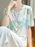 Summer Casual Print Round Neck Button Up T-Shirts for Women