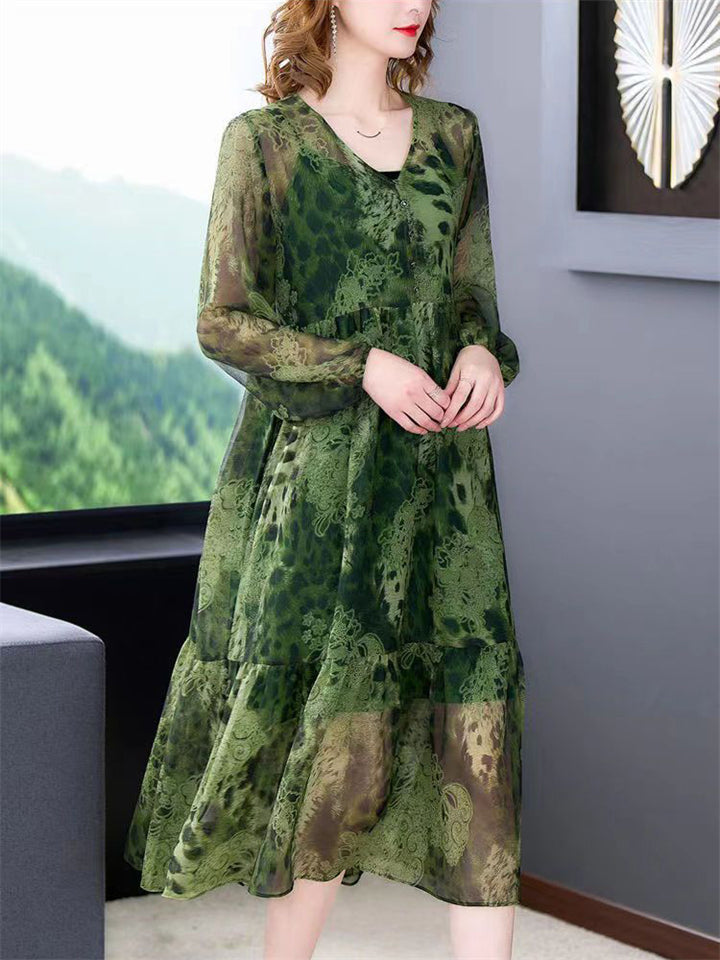 Women's Green Print V-Neck Long Sleeve Dress with Black Strappy Inner