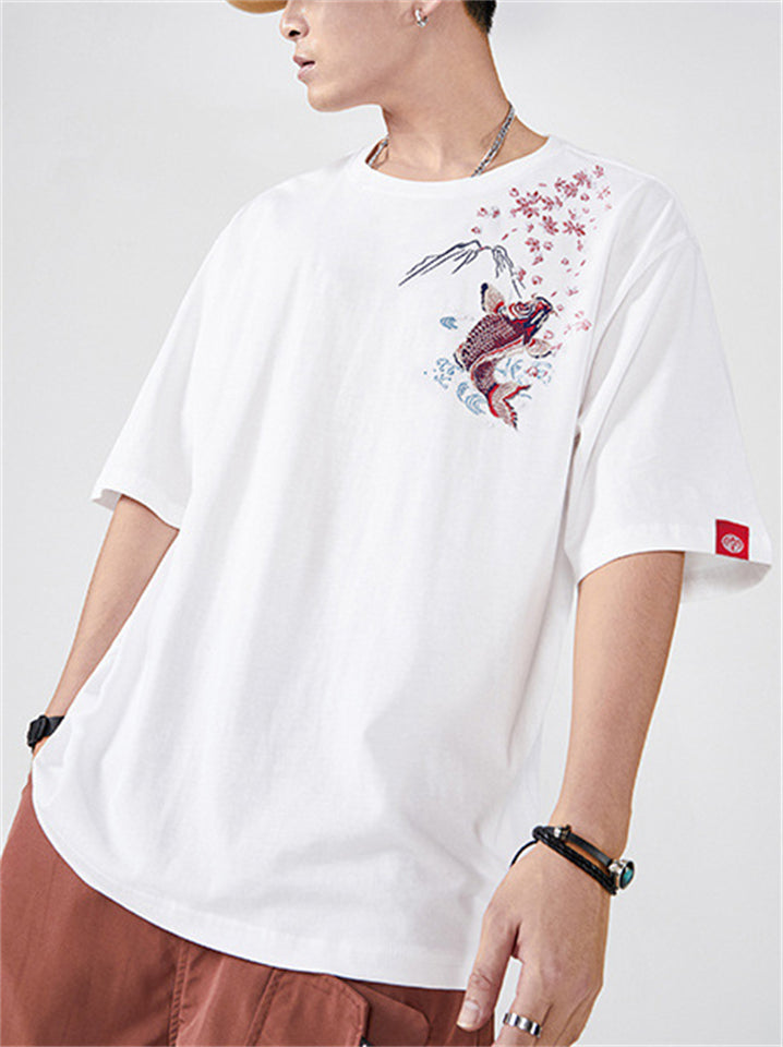 Chinese Style Carp Embroidery Men's Cotton Short Sleeve T-Shirts