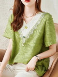 Loose Green V-Neck Texture Lace Patchwork Shirt for Women