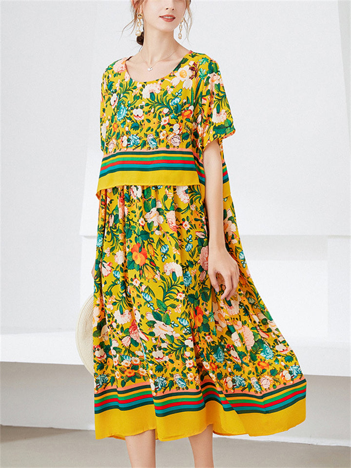 Summer Yellow Round Neck Floral Print Dress for Women
