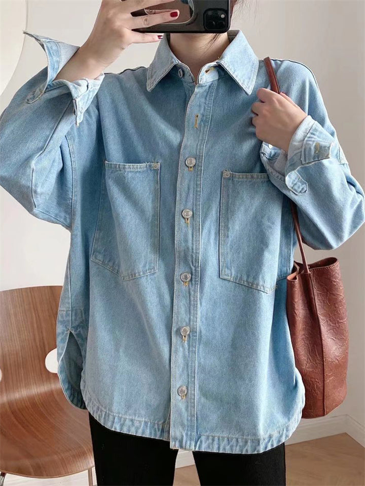 Women's Autumn Solid Color Loose Lapel Long Sleeve Cardigan Denim Shirts