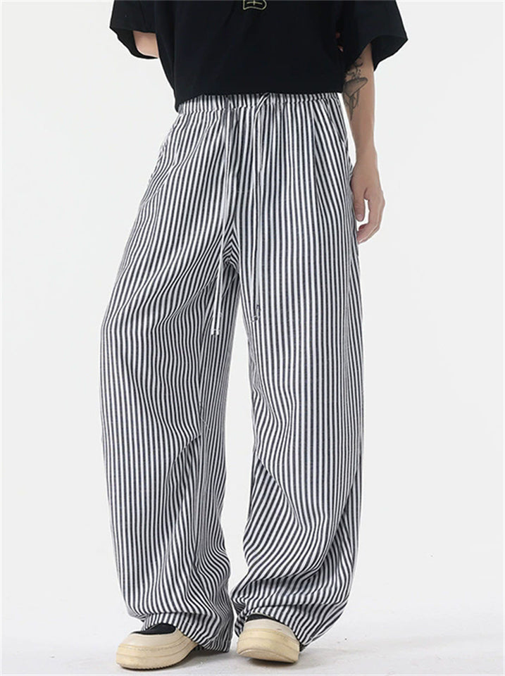 Mens Elastic Waist Striped Baggy Wide Leg Streetwear Pants