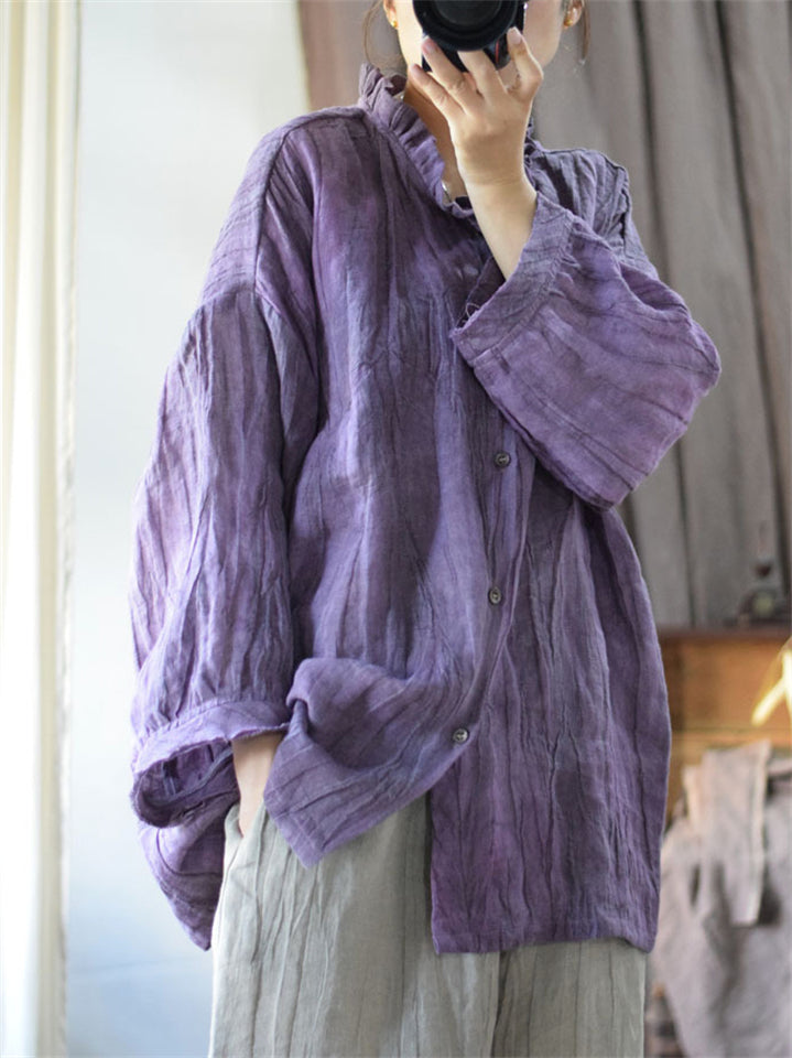 Loose Linen Distressed Textured Long Sleeve Shirt for Women